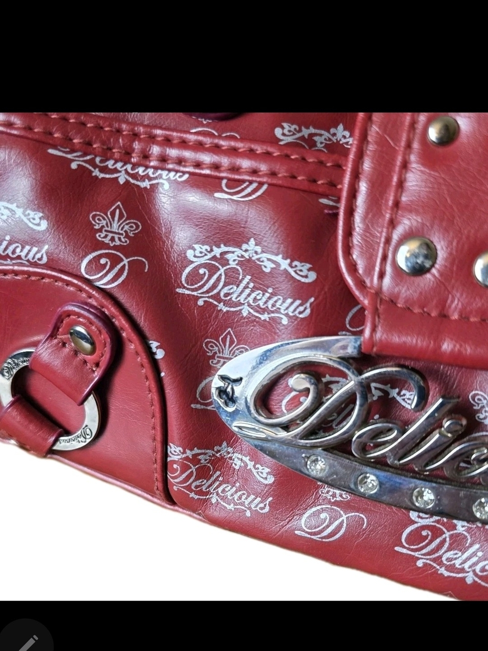 "Delicious" Red Logo Shoulder Bag, purse. Silver tone hardware. 2000s Vintage